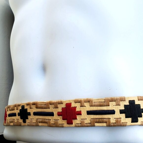 Vintage Handmade Rustic Cowhide Belt Mens Medium Wax Thread Embroidery - Picture 9 of 9